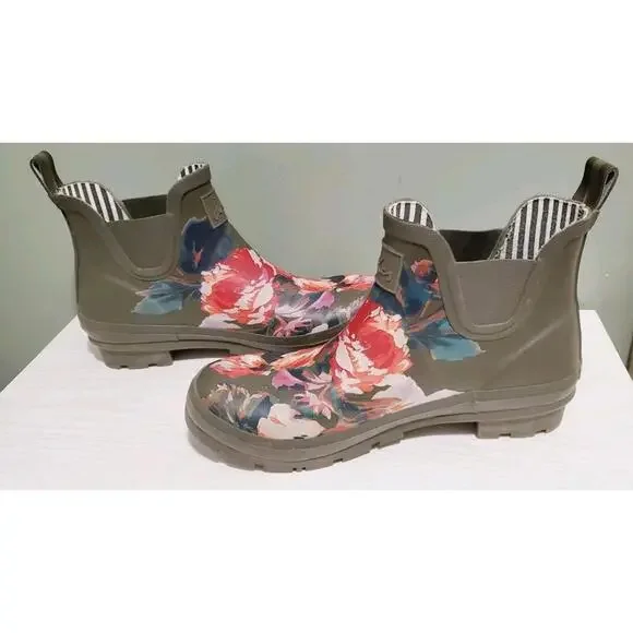 Joules Rain Boots Women's Sz 10 Floral Green Pink Waterproof Rubber Wellibob - Picture 5 of 7